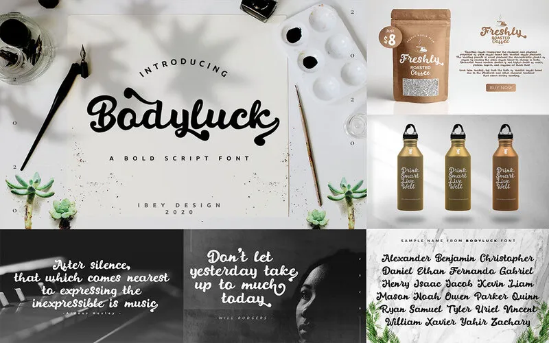 Bodyluck bold script Font and its different uses in designs