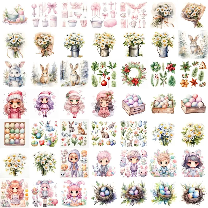 Soft Watercolor Images of rabbits in winter scarves, bouquets of daisies, chibi-style girls in hats, and birds’ nests with pastel eggs.