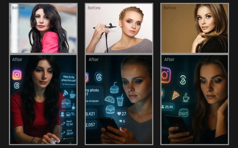 Cyberpunk effect applied to a collage of images of some women.