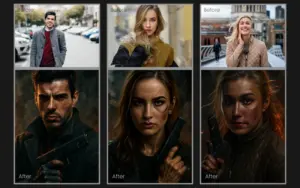 Dark picture editing effect applied to a collage of images of a woman.