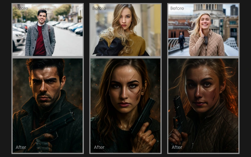 Dark picture editing effect applied to a collage of images of a woman.