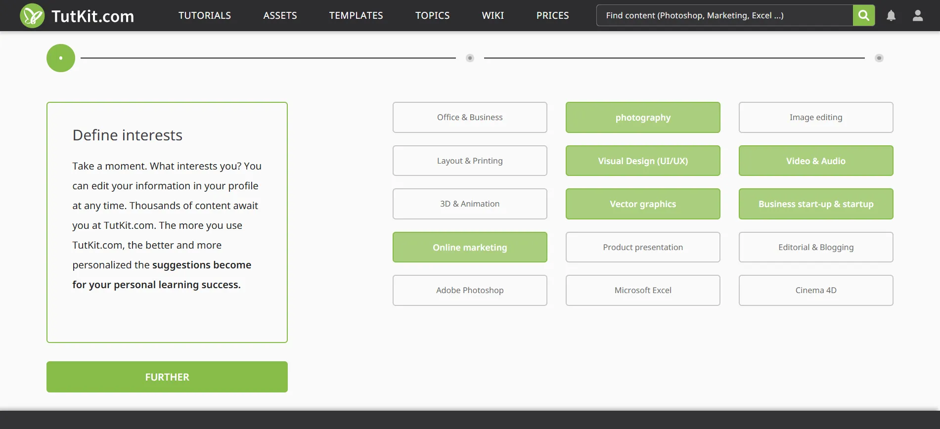 Options to define your interests in TutKit.com