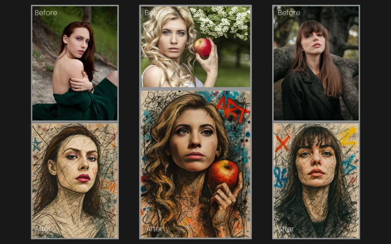 Enchanted photo editing effect applied to a collage of images of some women.