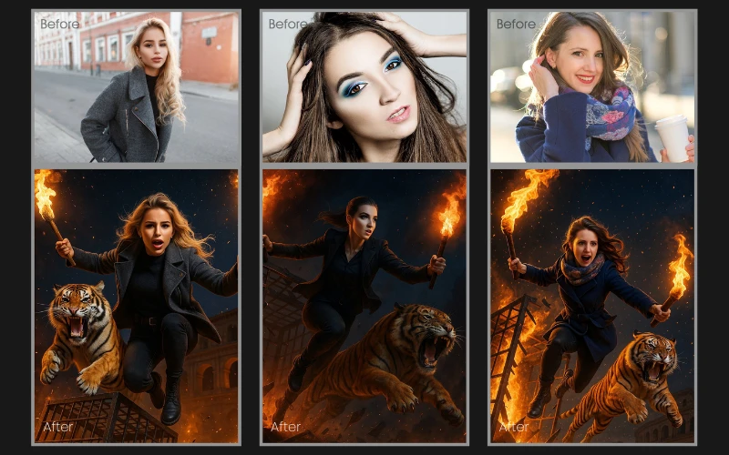 Fantasy photo editing effect applied to a collage of images of a woman.