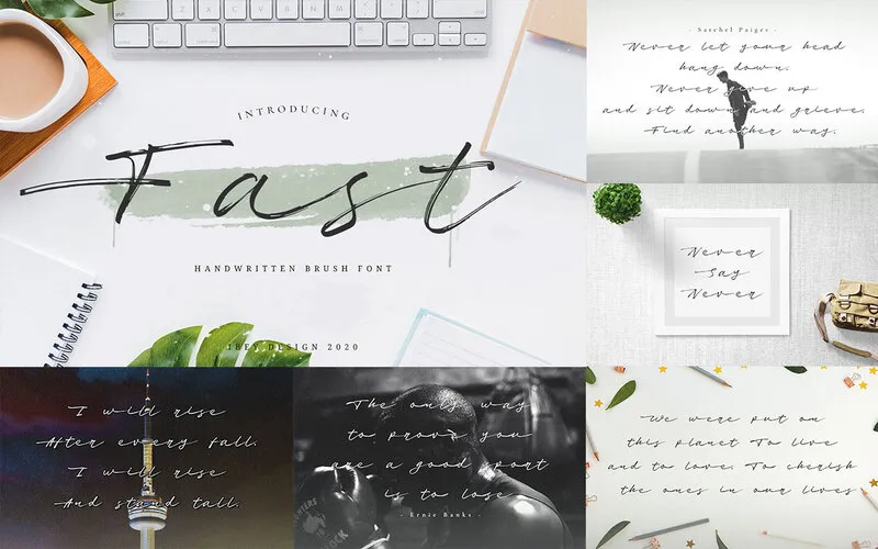 Fast handwritten brush Font and its different uses in designs