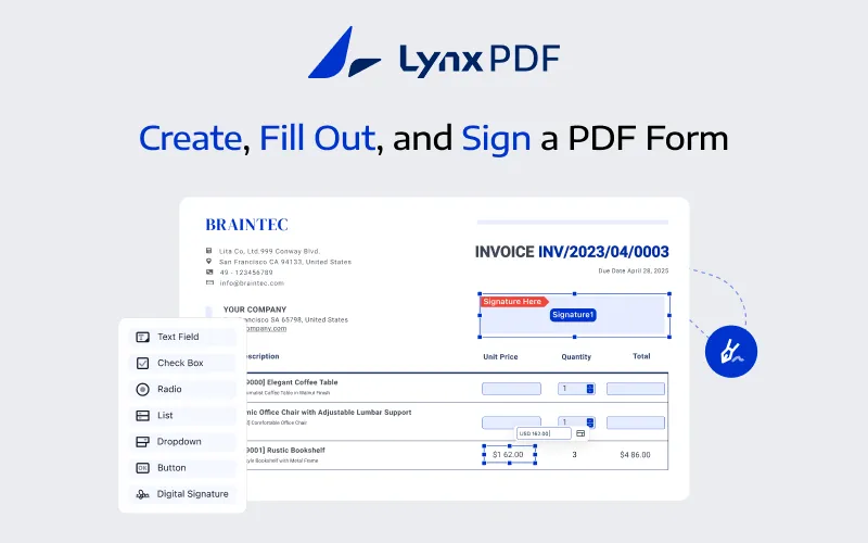 Create, flll and sign a PDF feature