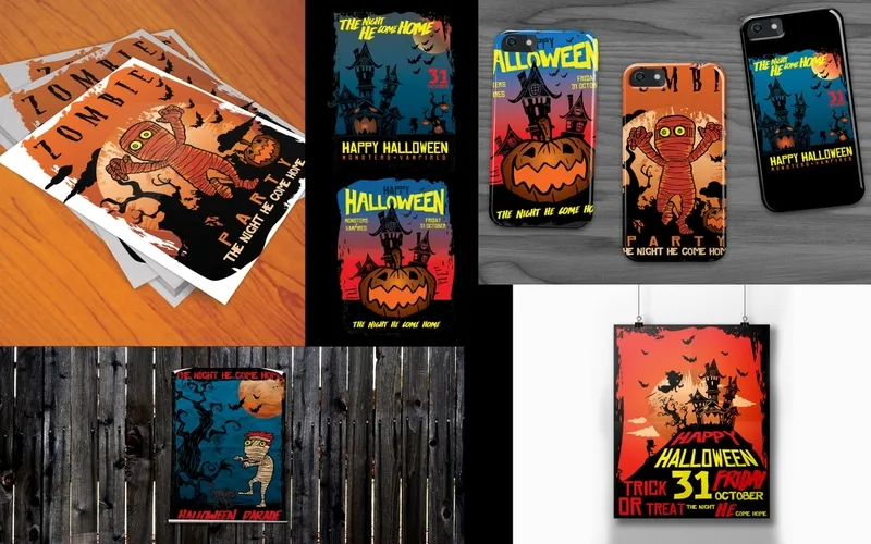 Collage of Halloween poster templates included in the creepy bundle