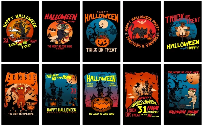 Collage of Halloween poster templates included in the creepy bundle