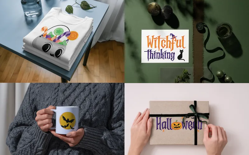 Collage of cute halloween clipart images used as card design, tshirt design, mug print and print on packaging