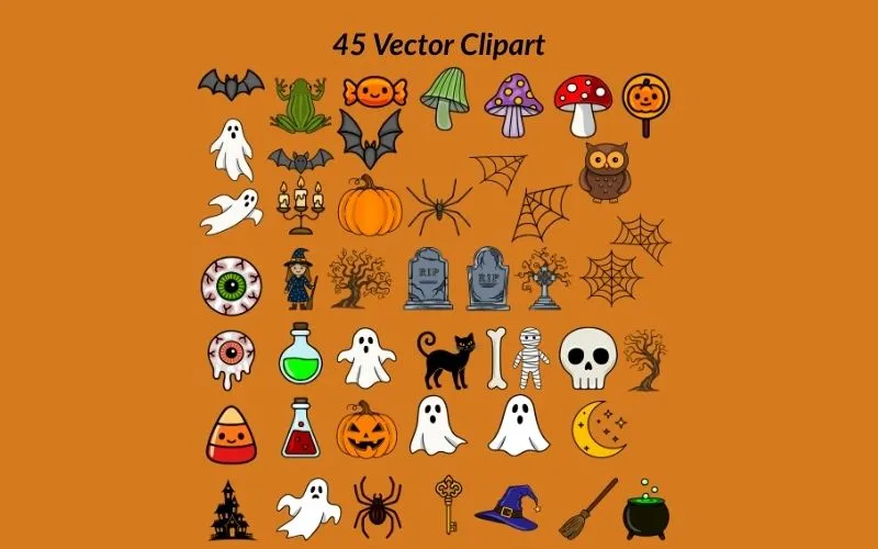 Preview of the Scary Halloween vectors and clipart graphics included in the bundle.