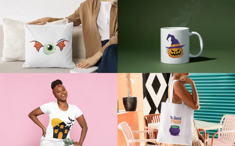 Collage of cute halloween clipart images used as tote bag design, tshirt design, mug print and print on pillow case