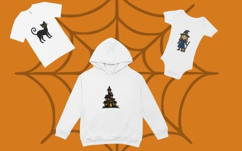 Preview of the white Hoodies printed with Halloween vectors included in the bundle.