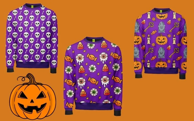 Preview of the shirts designed using the cute Halloween patterns included in the bundle.