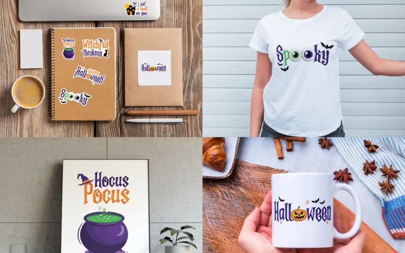 Collage of cute halloween clipart images used as book stickers, tshirt design, mug print and print on wall hanging