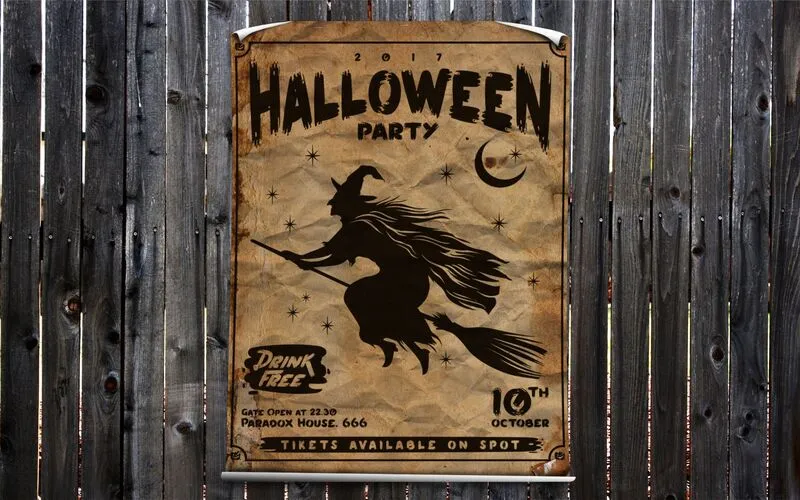 Creepy Halloween party poster of a witch on a broom
