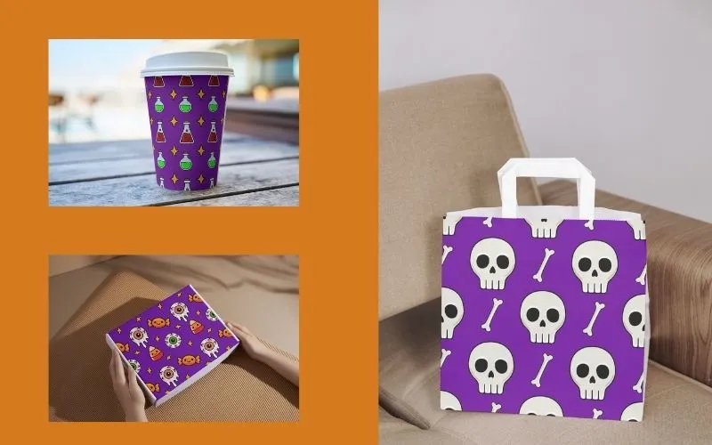 Preview of product mockups designed using the Halloween patterns included in the bundle.
