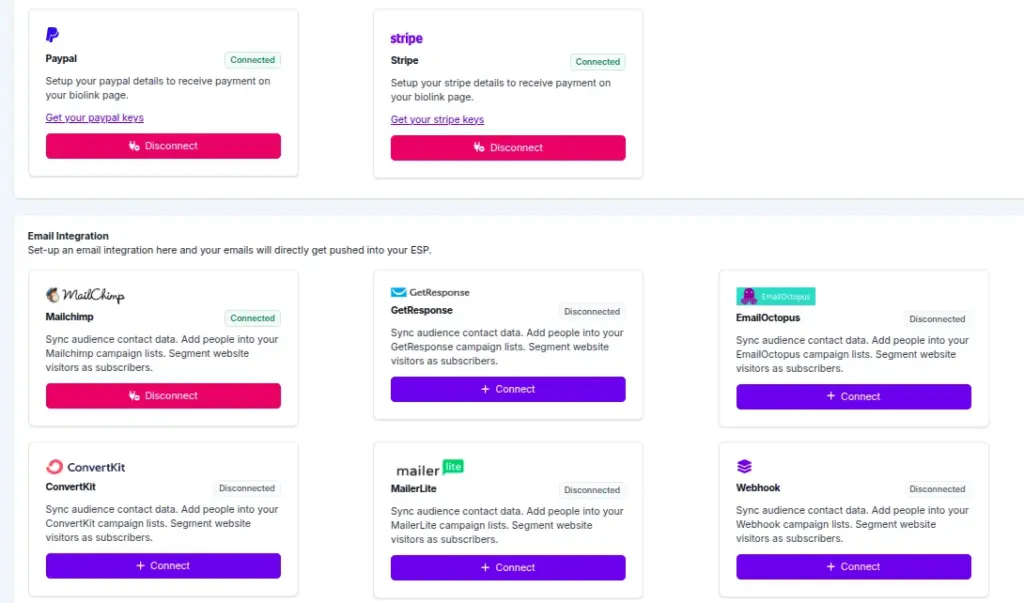 Integrations With Biopop Link In Bio Tool