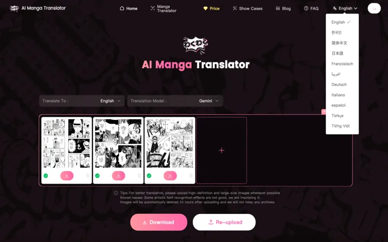 Languages Supported by AI Manga Translator