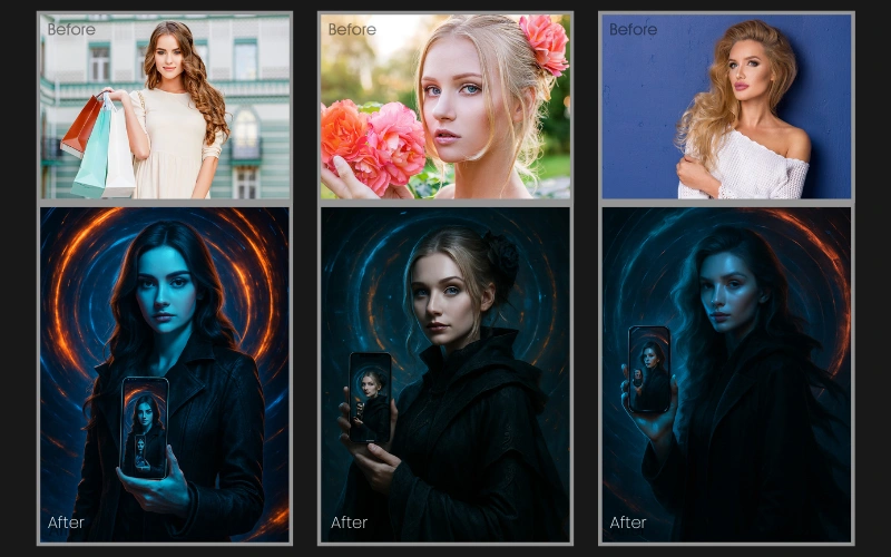 Neon photo editing effect applied to a collage of images of a woman.