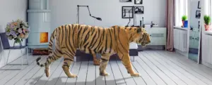 A tiger realistically placed in a modern living room using CutOut 11 Professional background replacement.