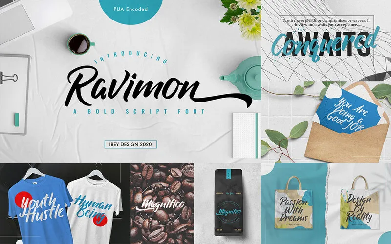 Ravimon bold script Font and its different uses in designs