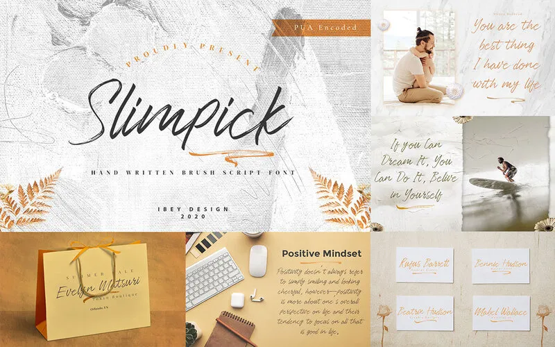 Slimpick handwritten brush font and its different uses in designs
