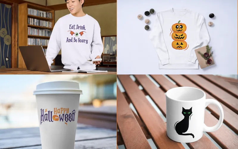 Collage of cute halloween clipart images used as tshirt design and mug print
