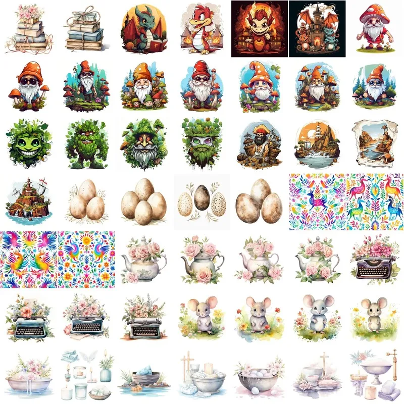 Vibrant Watercolor Images of mythical dragons, garden gnomes, vintage typewriters with flowers, and cute field mice.