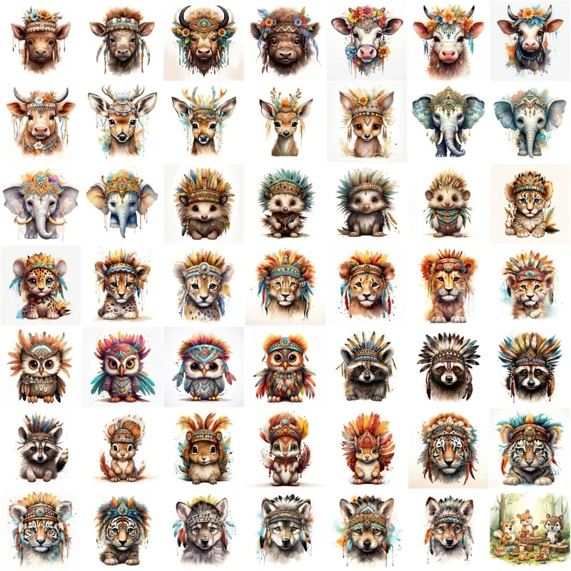 Watercolor Images featuring various baby animals, including cows, deer, elephants, and tigers, wearing ornate tribal headdresses and feathers.