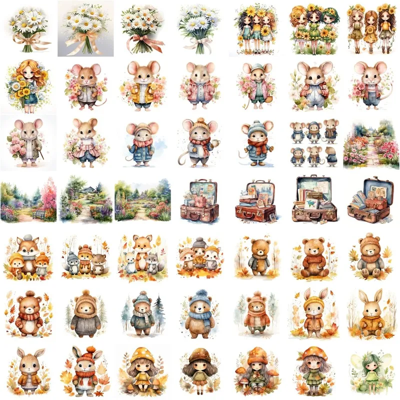 Charming Watercolor Images of teddy bears in sweaters, vintage suitcases, floral garden pathways, and mice in winter coats.