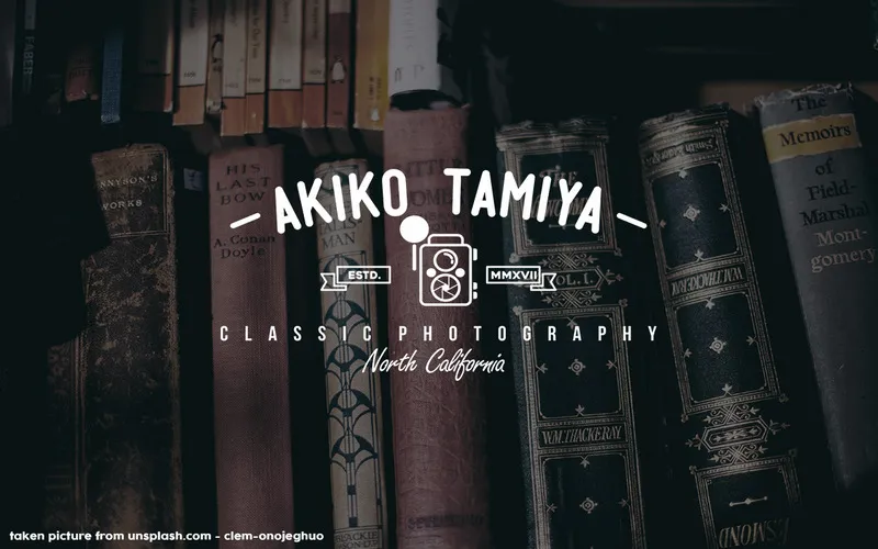 Close-up of antique books with a white vintage photography badge logo design reading Akiko Tamiya Classic Photography, North California