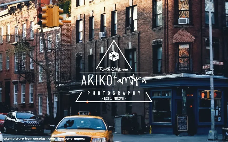 Urban street view with a white vintage photography badge logo design reading Akiko Tamiya Photography, North California.