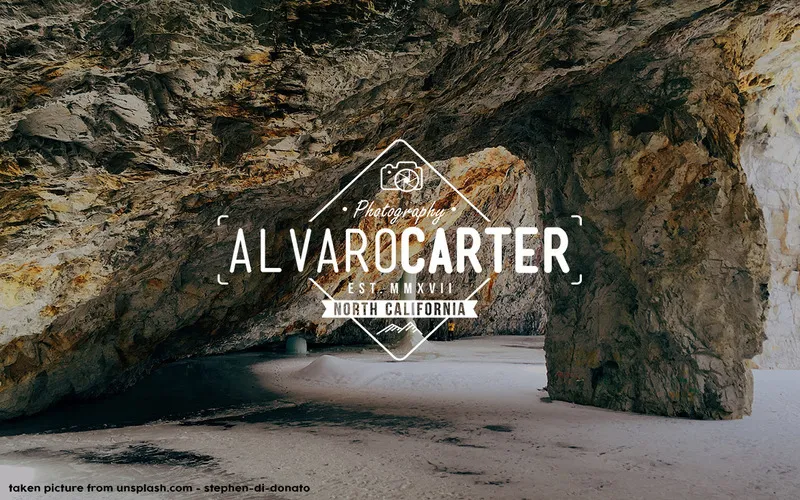 Rocky cave background with a white vintage photography badge logo design reading Alvaro Carter Photography, North California.
