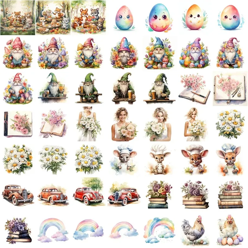 Watercolor Images depicting garden gnomes, Easter eggs, floral bouquets, vintage cars, and whimsical woodland animals.