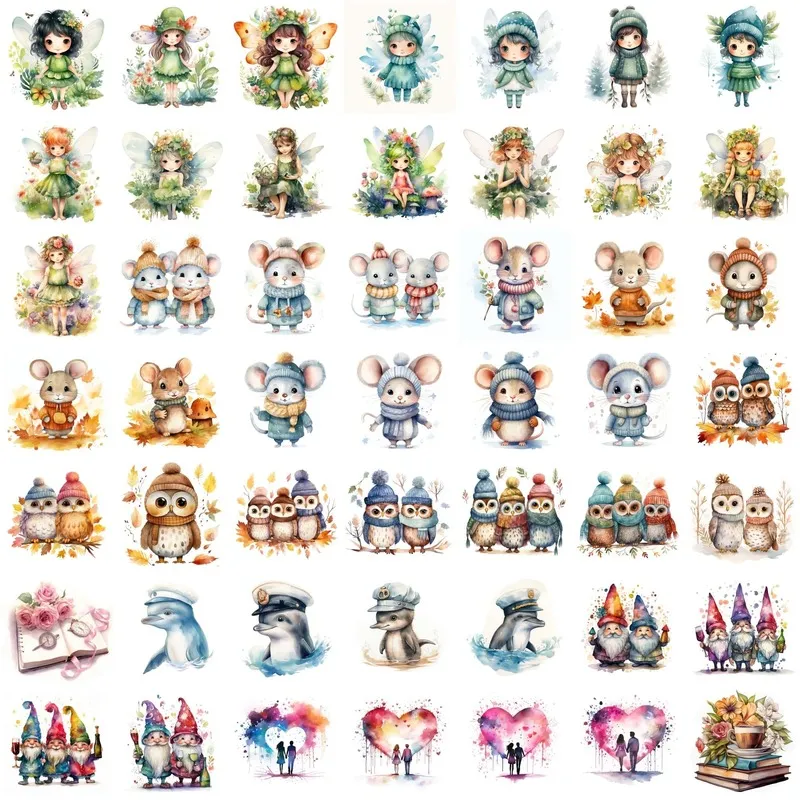 Fantasy Watercolor Images of forest fairies, owls wearing beanies, dolphins in captain hats, and romantic silhouettes inside hearts.
