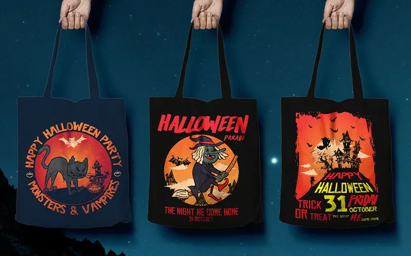 Black Handbag Printed With The Creepy Halloween Vectors Included In The Bundle