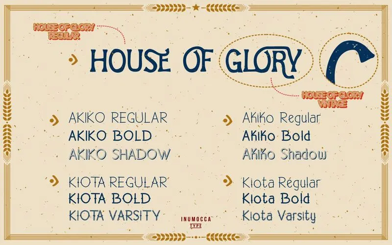 Bold, Regular, Shadow & Versity Font styles included in the House of glory font