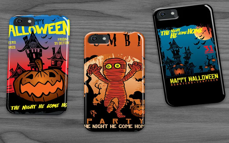 Collage of Halloween vectors printed on iPhonee cover mockups