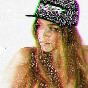 Before and after preview of the free animated glitch Photoshop action