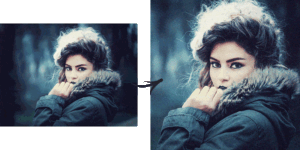 Before and after preview of the free animated glitch Photoshop action