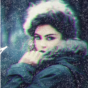 Before and after preview of the free animated glitch Photoshop action