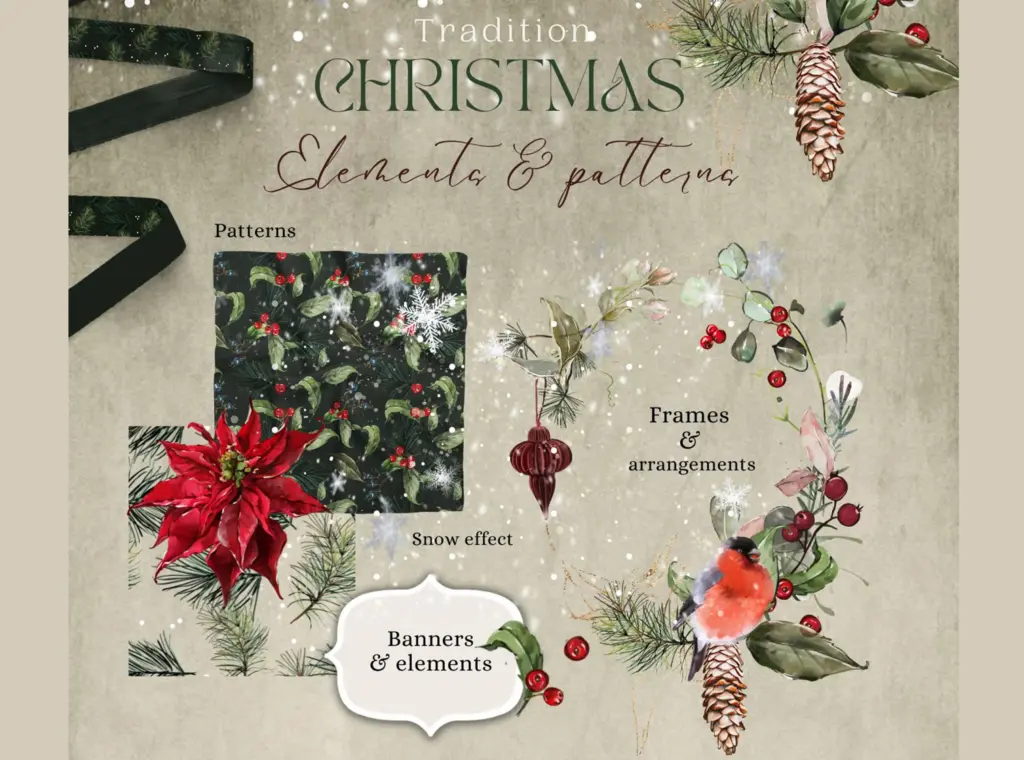 a collection of traditional Christmas graphics, including frames, patterns, and floral elements with a snow effect.