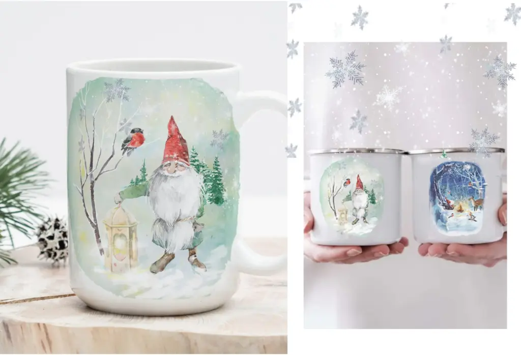 a white mug with a watercolor design of a gnome and a bird in a snowy scene.