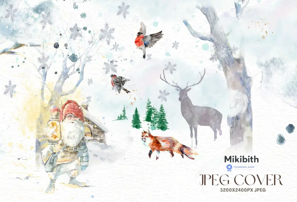 A collection of traditional Christmas elements, including a wreath with berries, a bow, and a candle.