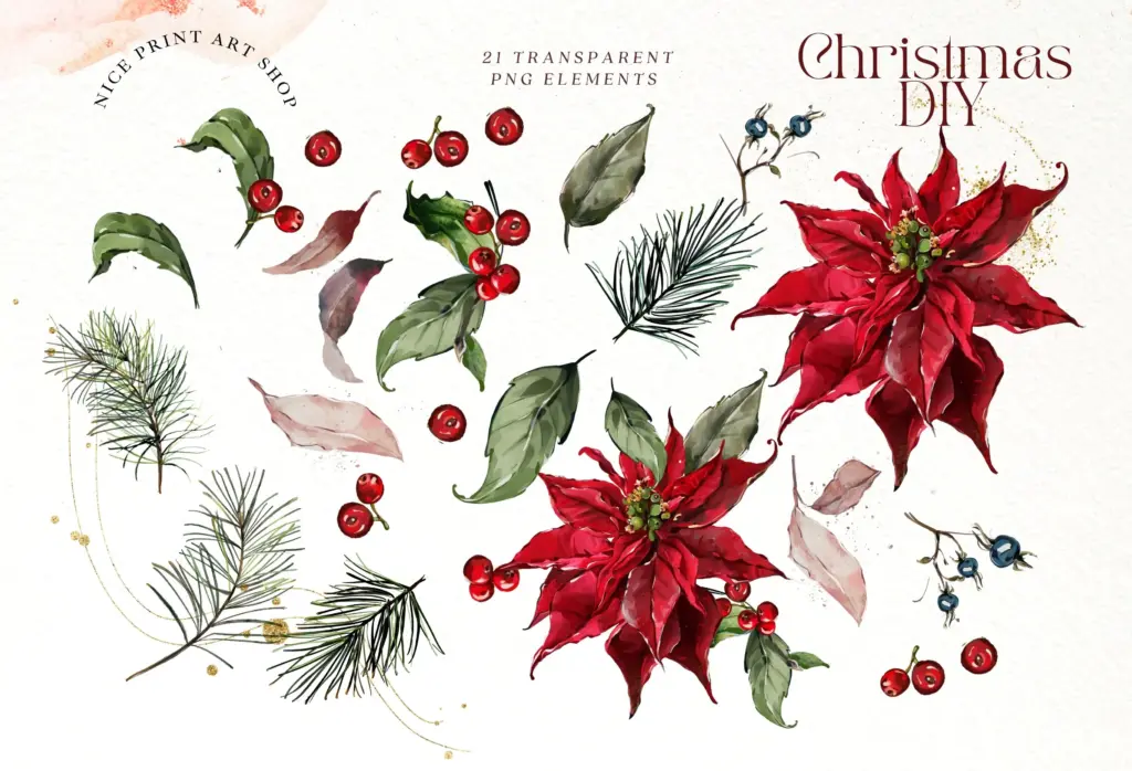 21 transparent PNG Christmas elements, including poinsettias, pine branches, and red berries.