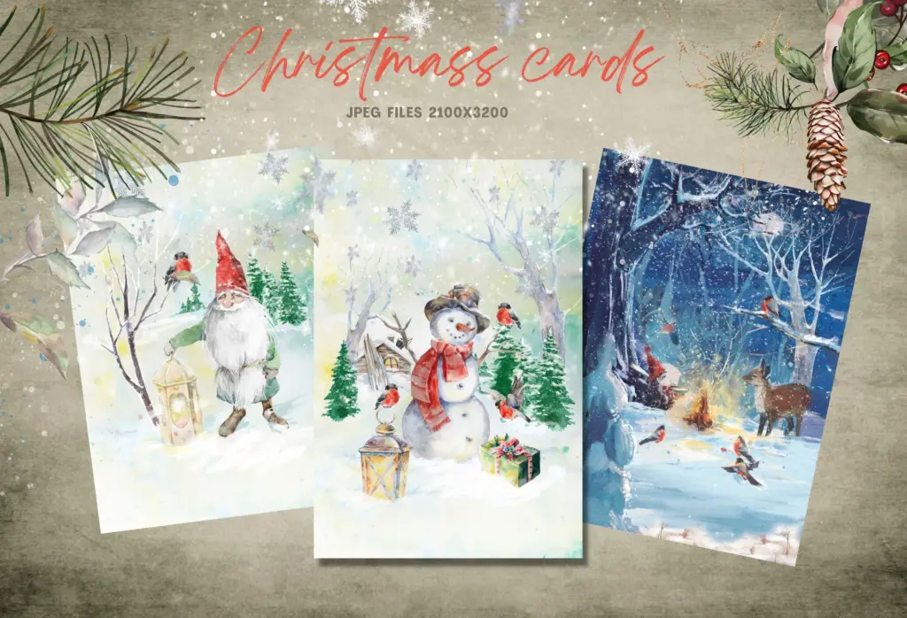 A large watercolor illustration of a Christmas poinsettia with red berries and pine branches.