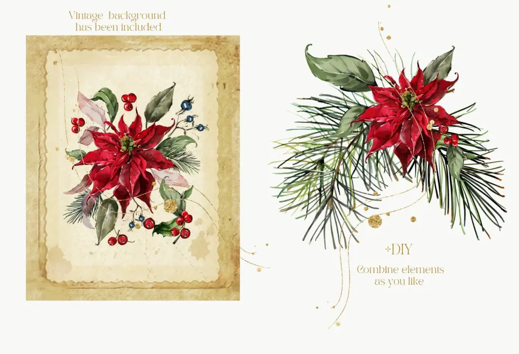 A vintage-style background shows a poinsettia and berry arrangement, next to a separate image of the same floral bundle.