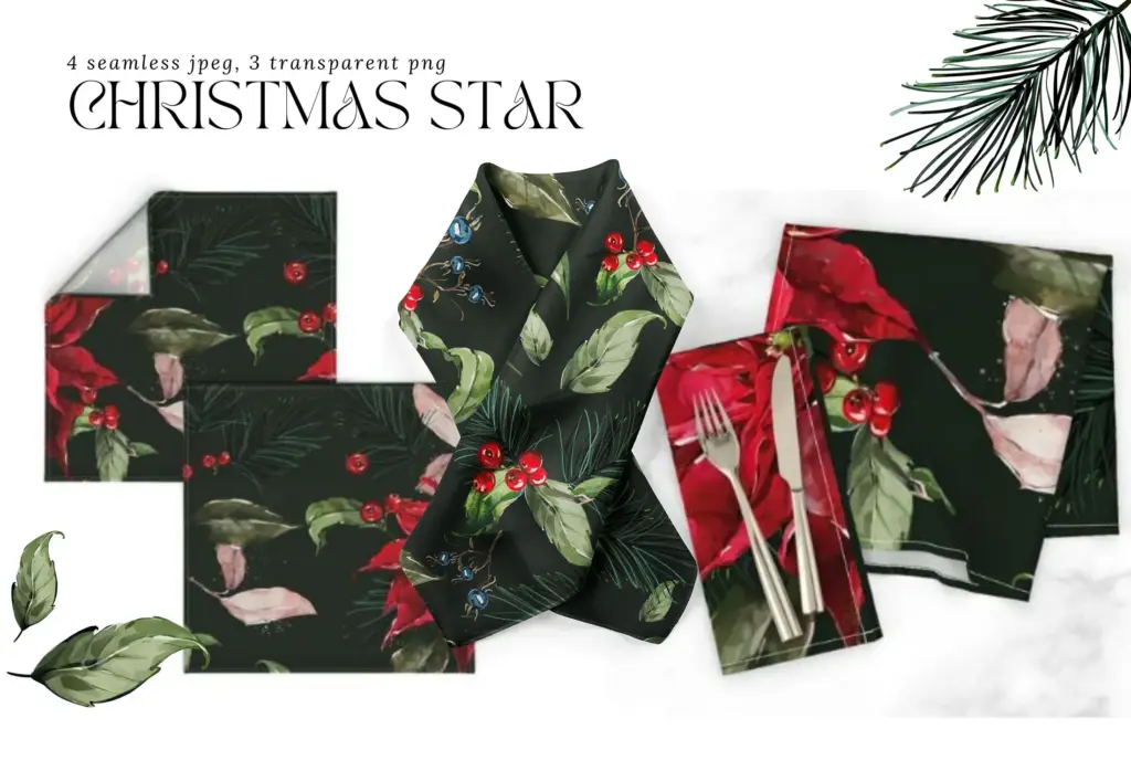 This image displays seamless patterns applied to fabric items like napkins and a scarf.