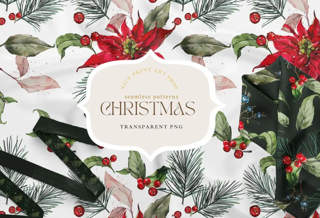 A seamless pattern featuring poinsettias, pine needles, and red berries is shown as a background with a title in the center.