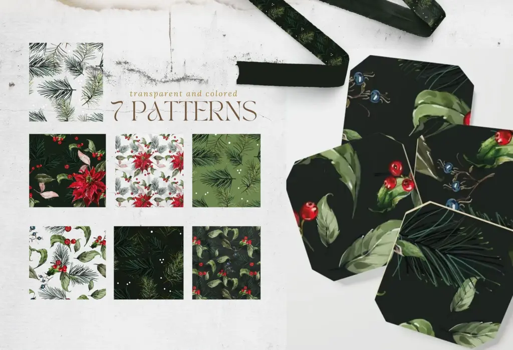 Seven different Christmas patterns are displayed, featuring poinsettias, pine needles, and berries.